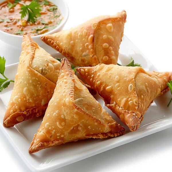Four golden-brown samosas on a white plate, with a bowl of dipping sauce in the background.