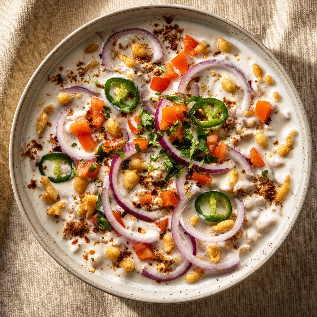 Dahi Phulki (Mini Gram Flour Dumplings in Yogurt Sauce).